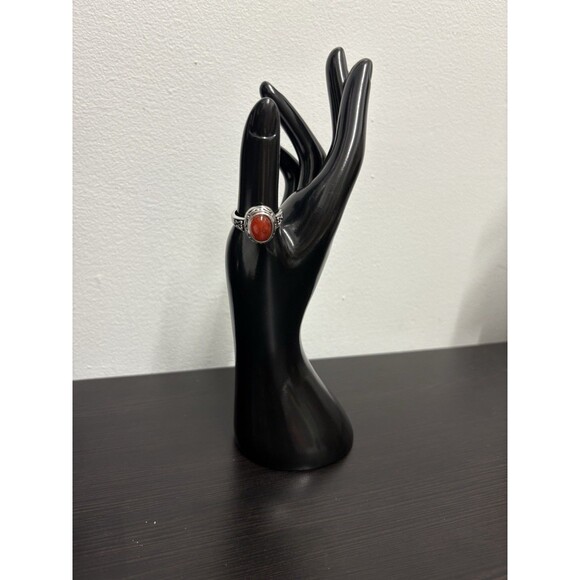 Faux Red Carnelian Stone On Silvertone Band Ring Costume Ring Size 9.75 - Picture 2 of 16